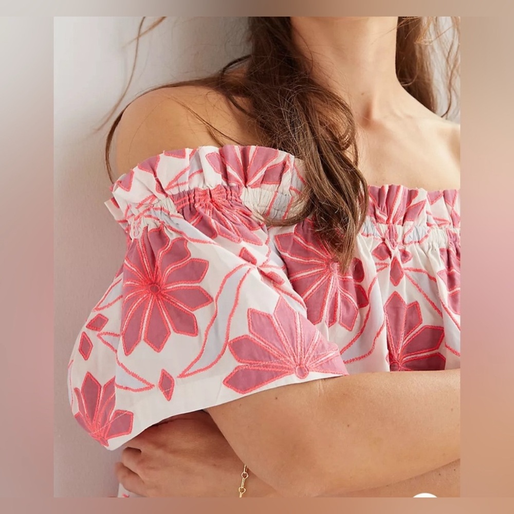 Anthropologie Maeve Neon Pink & White Embroidered Off the Shoulder Top - Picture 2 of 8